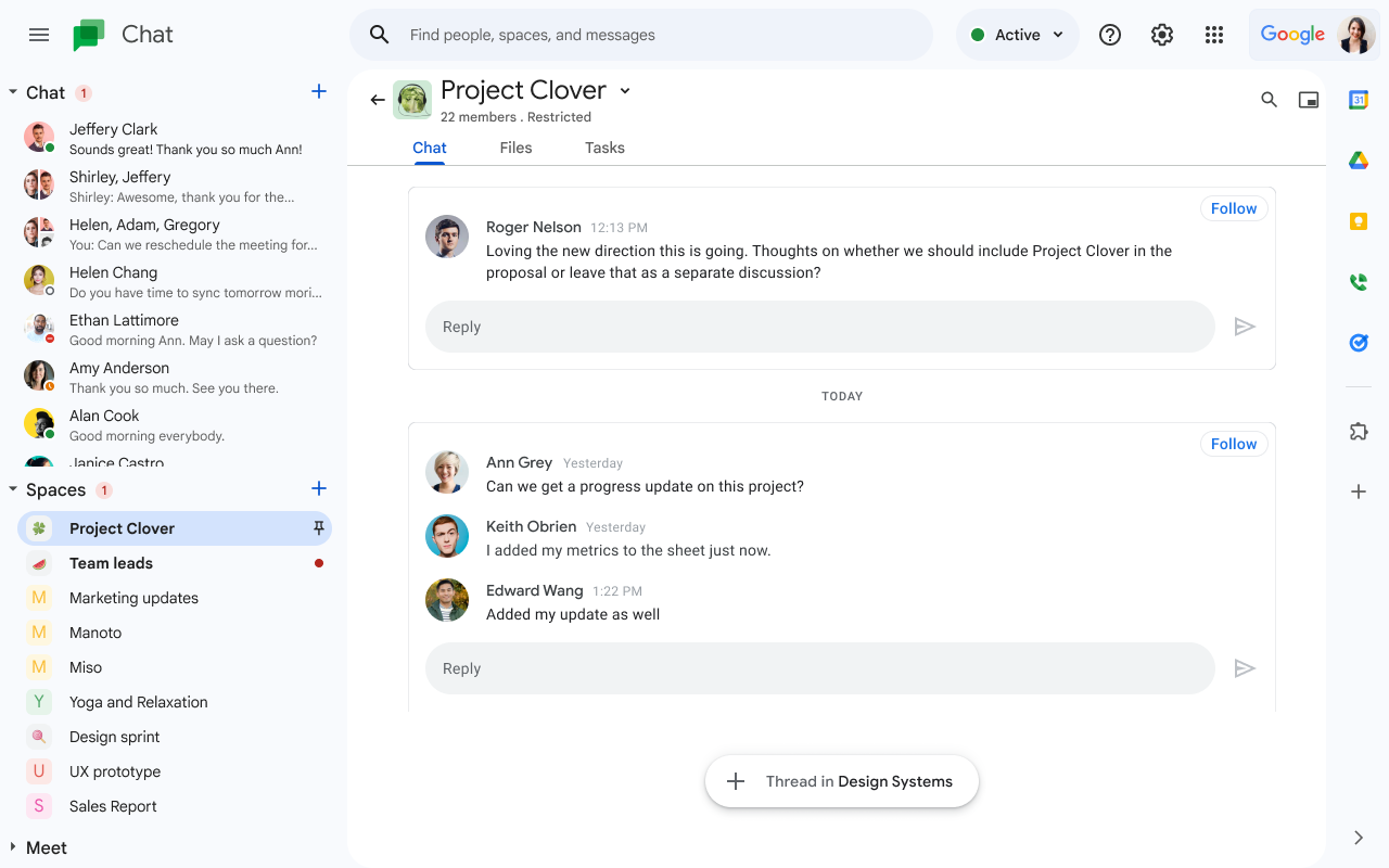 Google Chat space grouped by conversation topic