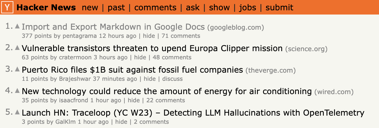 The Hacker News homepage with "Import and Export Markdown in Google Docs" as the top post